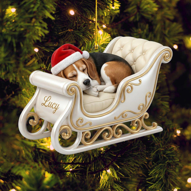 Personalized Beagle Sleeping Dog in Sleigh Ornament