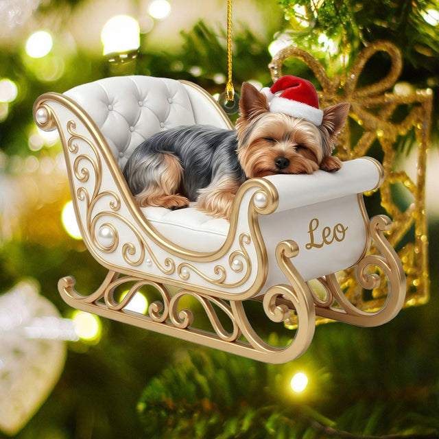 Personalized Yorkie Sleeping Dog in Sleigh Ornament