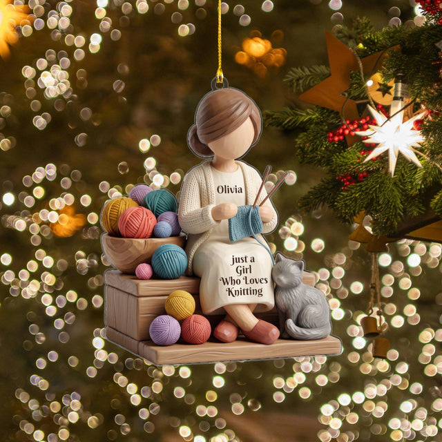 Personalized Cozy Knitter and Cat Acrylic Ornament